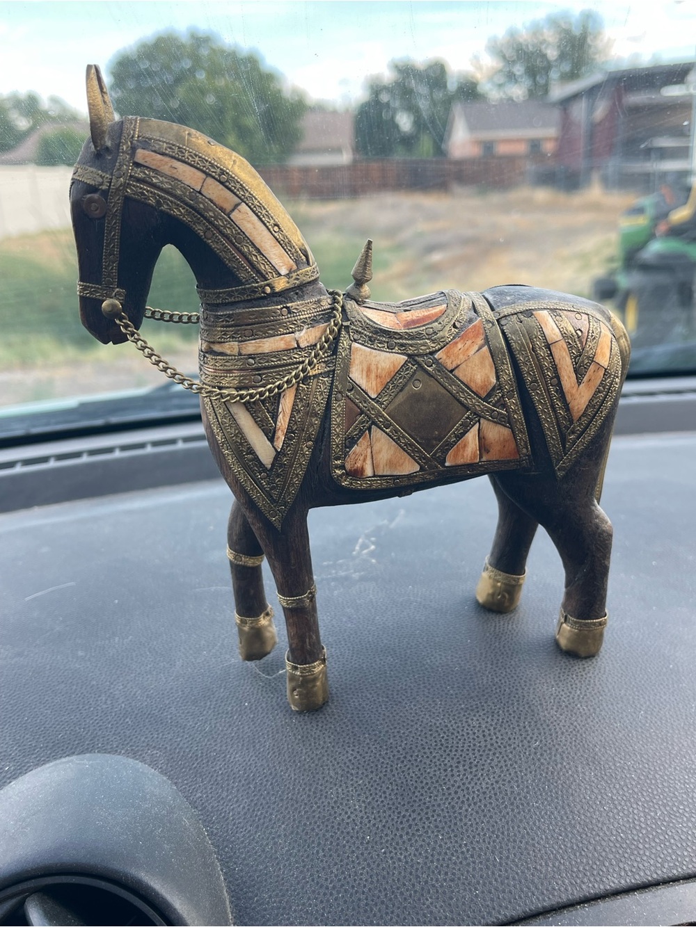 Brass-Accent Wood Horse Sculpture - Brown and Gold Home Art